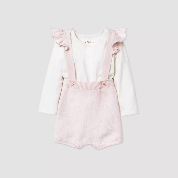 Cat & Jack Baby Girls 2PC Pink Ruffle Sweater Romper Outfit Set 0-3MO NWT - Picture 1 of 6